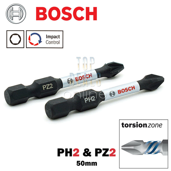 Bosch PZ2 & PH2 50mm Screwdriver Bits x2 Impact Control Torsion Bit