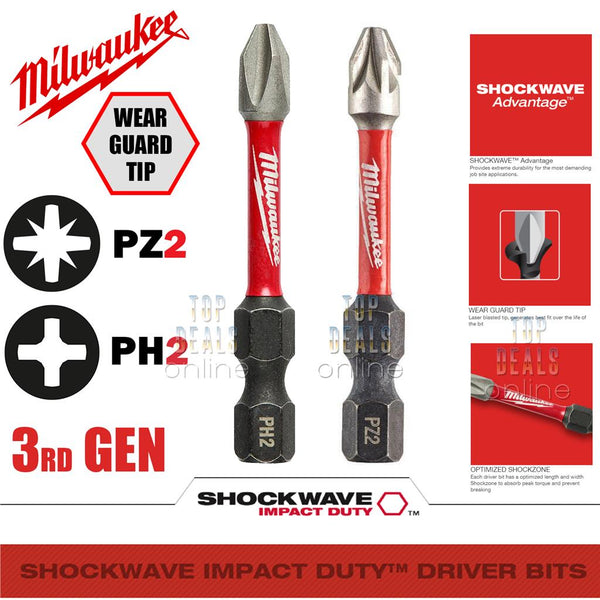 Milwaukee PZ2 PH2 50mm or 25mm option Shockwave Impact Screwdriver Bits 3rd GEN