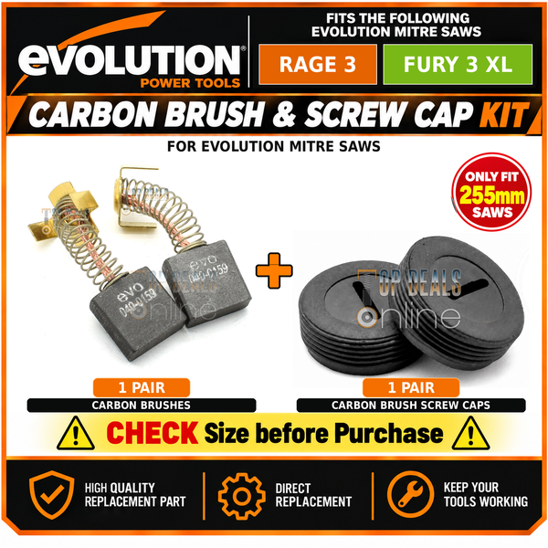 Carbon Brushes & Brush Caps for Evolution RAGE 3 & FURY 3 XL 255mm Mitre Saw