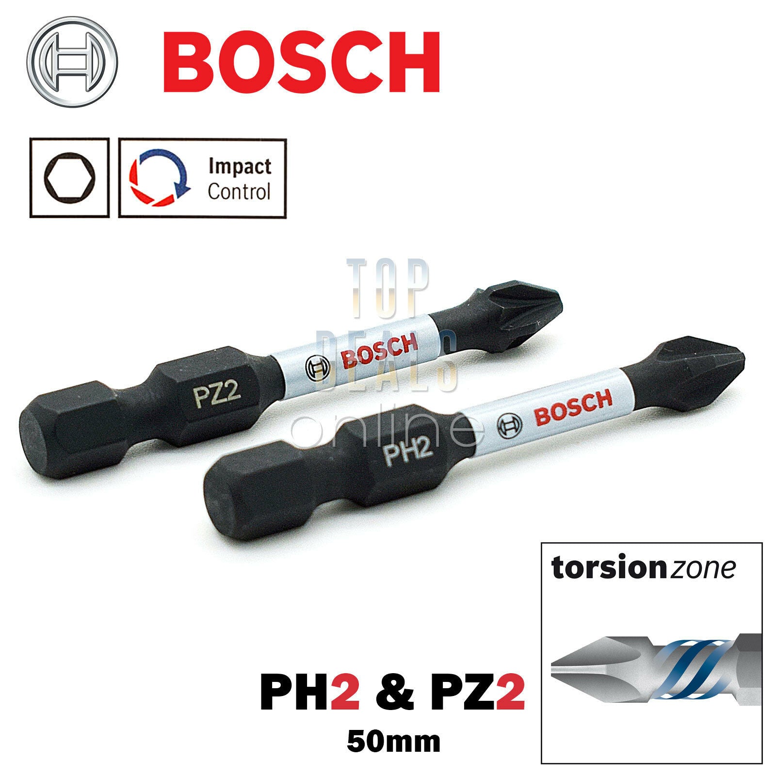 Bosch PZ2 PH2 50mm Screwdriver Bits x2 Impact Control Torsion Bit - Main Image