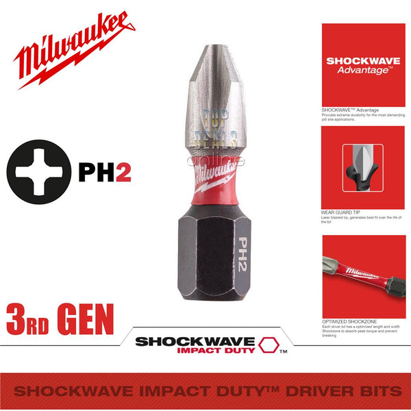 Milwaukee PZ2 PH2 50mm or 25mm option Shockwave Impact Screwdriver Bits 3rd GEN